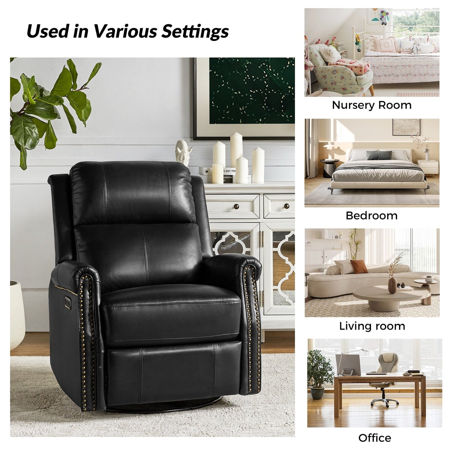 Poltrona reclinabile girevole elettrica tradizionale in vera pelle con borchie Renato e base in metallo, set da 2 di HULALA HOME