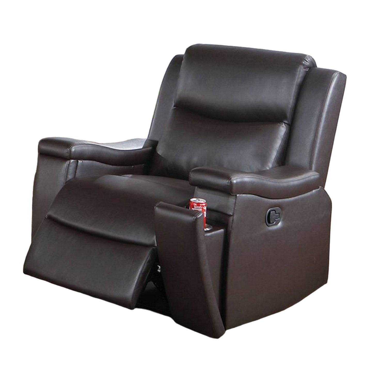 Poltrona reclinabile manuale Renna, portabicchieri, legno massello, similpelle marrone