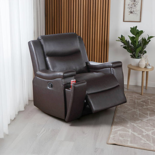 Poltrona reclinabile manuale Renna, portabicchieri, legno massello, similpelle marrone