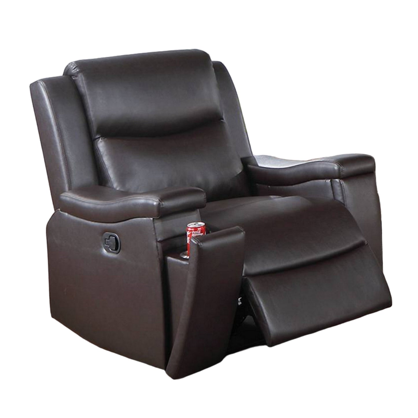 Poltrona reclinabile manuale Renna, portabicchieri, legno massello, similpelle marrone