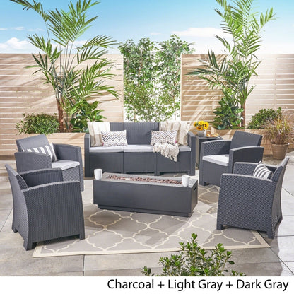 Set da esterno con stampa in vimini da 7 posti, braciere e supporto per serbatoio, di Christopher Knight Home