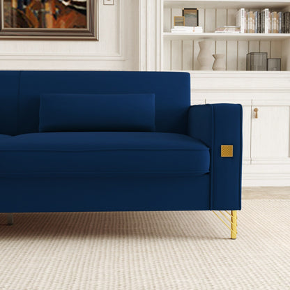 Divano a 3 posti in velluto blu retrò moderno 85.63 con dettagli dorati e cuscini morbidi per il soggiorno