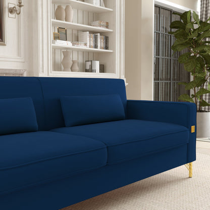 Divano a 3 posti in velluto blu retrò con dettagli dorati