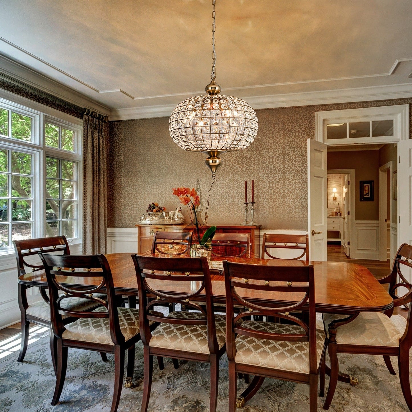 Lampadario da cucina in stile francese retrò con 4/5 luci in ottone anticato e cristallo a forma di globo