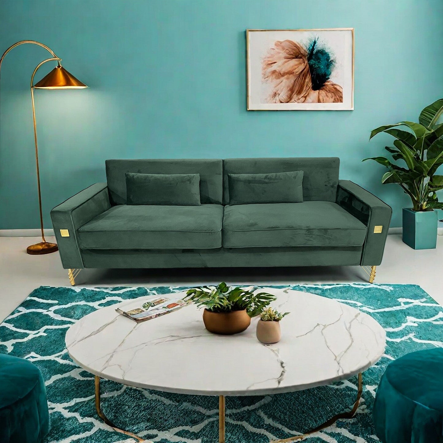Divano a 3 posti in velluto verde retrò moderno 85.63 con dettagli dorati e cuscini morbidi per il soggiorno