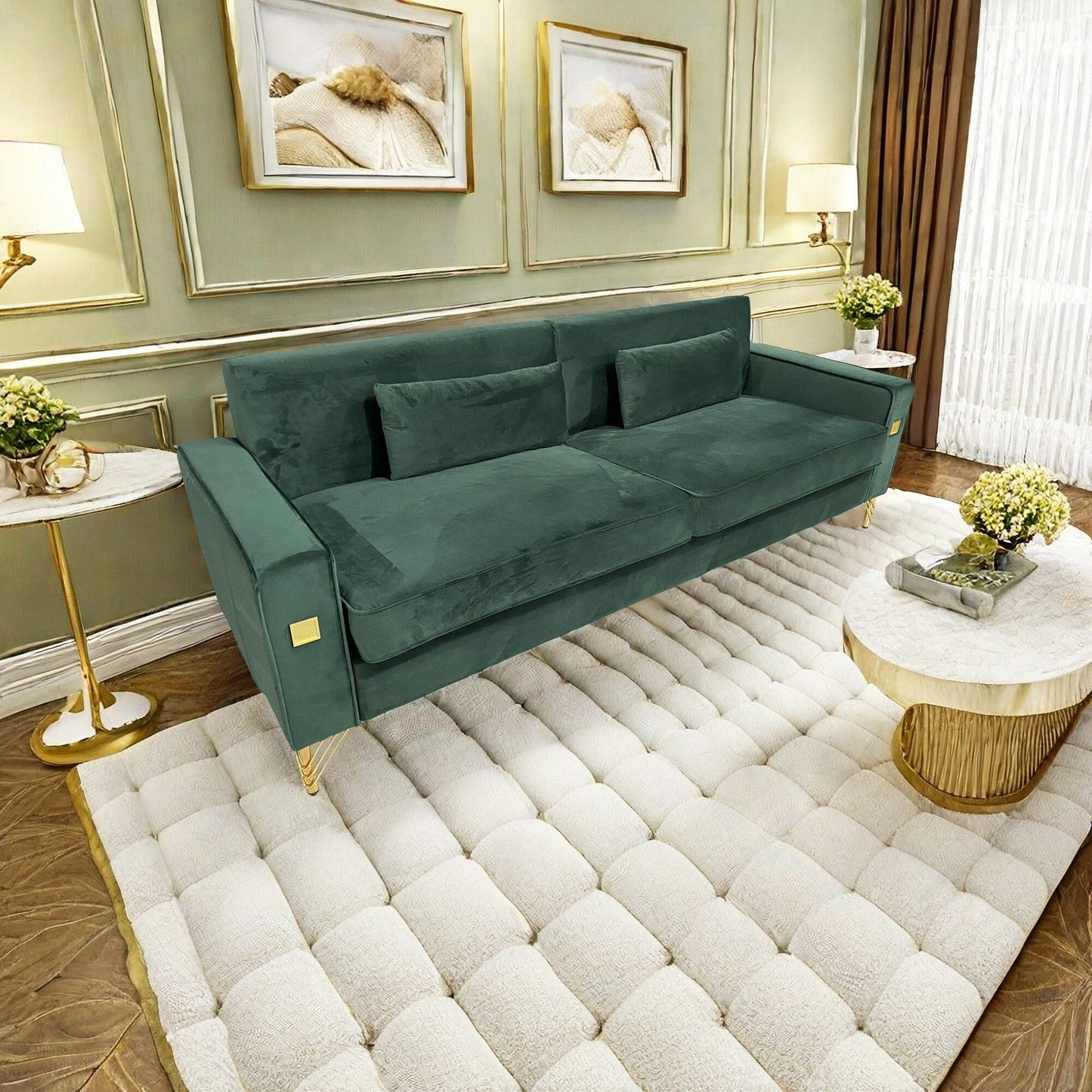 Divano a 3 posti in velluto verde retrò moderno 85.63 con dettagli dorati e cuscini morbidi per il soggiorno