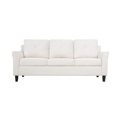 Elegante combinazione di divani: divano Chesterfield con braccioli arrotolati e braccioli svasati trapuntati con bottoni, divano in microfibra per piccoli spazi