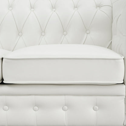 Elegante combinazione di divani: divano Chesterfield con braccioli arrotolati e braccioli svasati trapuntati con bottoni, divano in microfibra per piccoli spazi