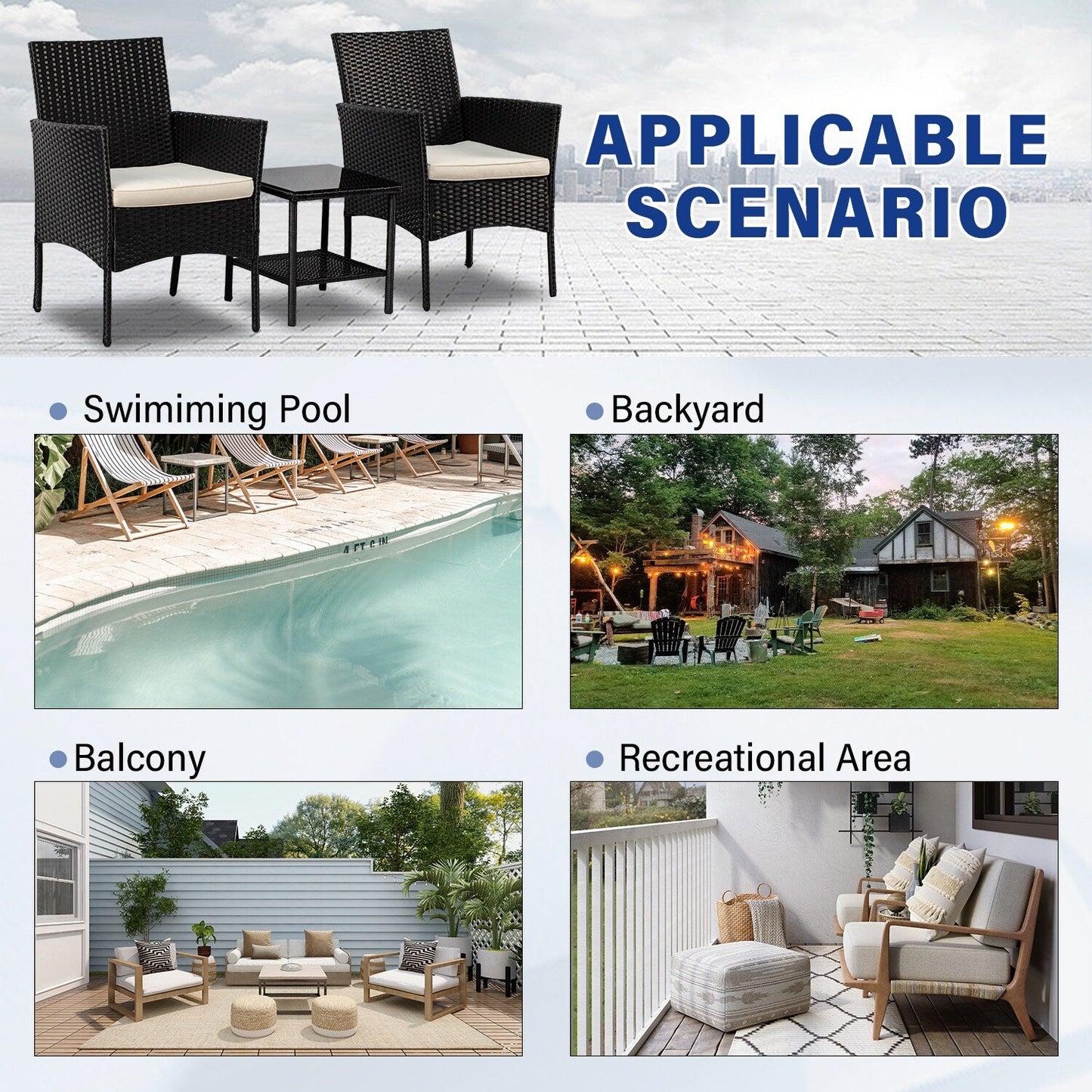 Set di 3 sedie e tavolo da conversazione da esterno in rattan Rhine Modern di Furniture of America