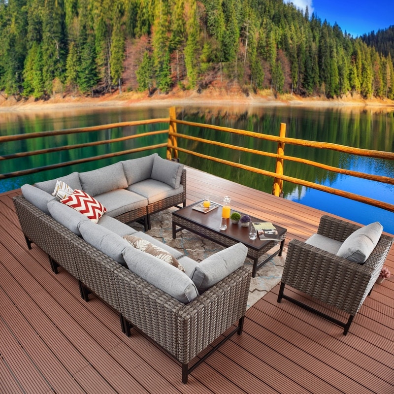 Patio Festival - Set da conversazione componibile in vimini ad angolo retto da 8 pezzi