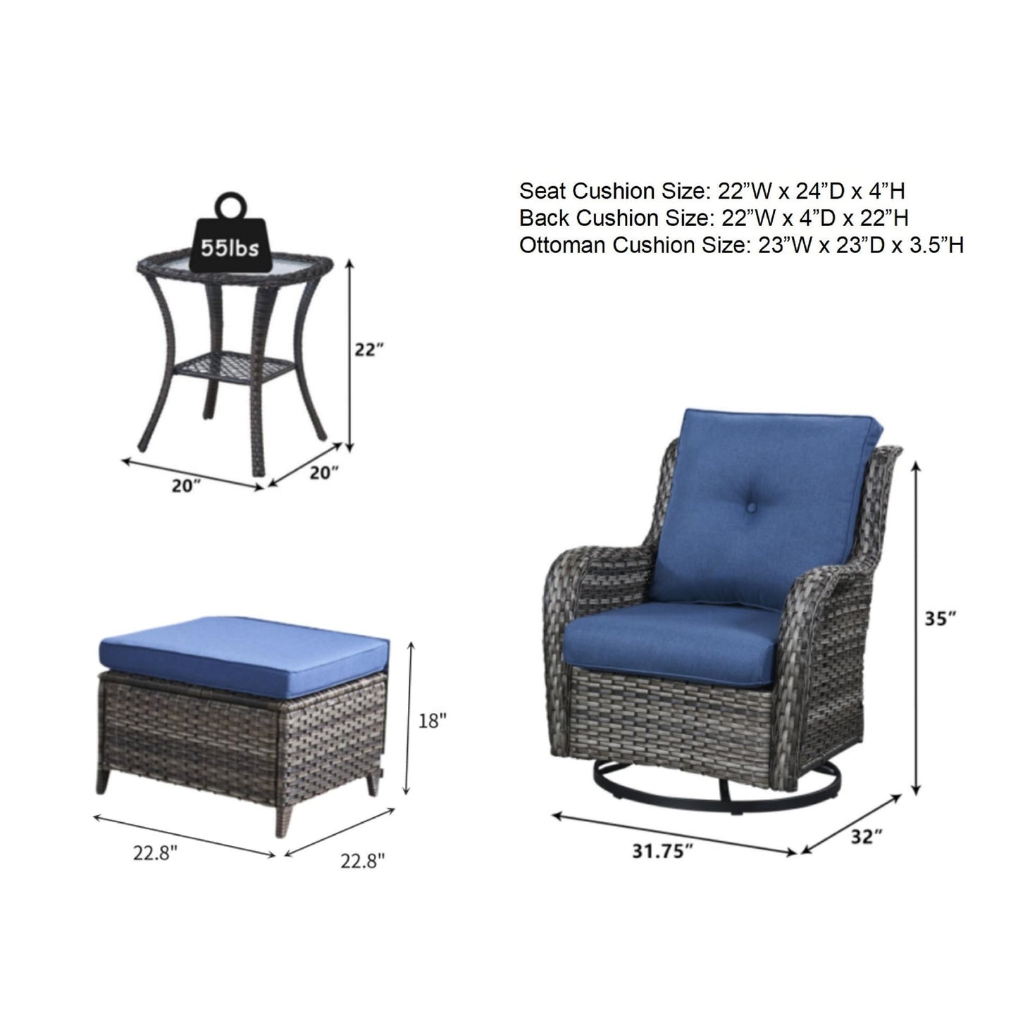 Set di mobili da esterno Pocassy da 5 pezzi, sedie girevoli con pouf