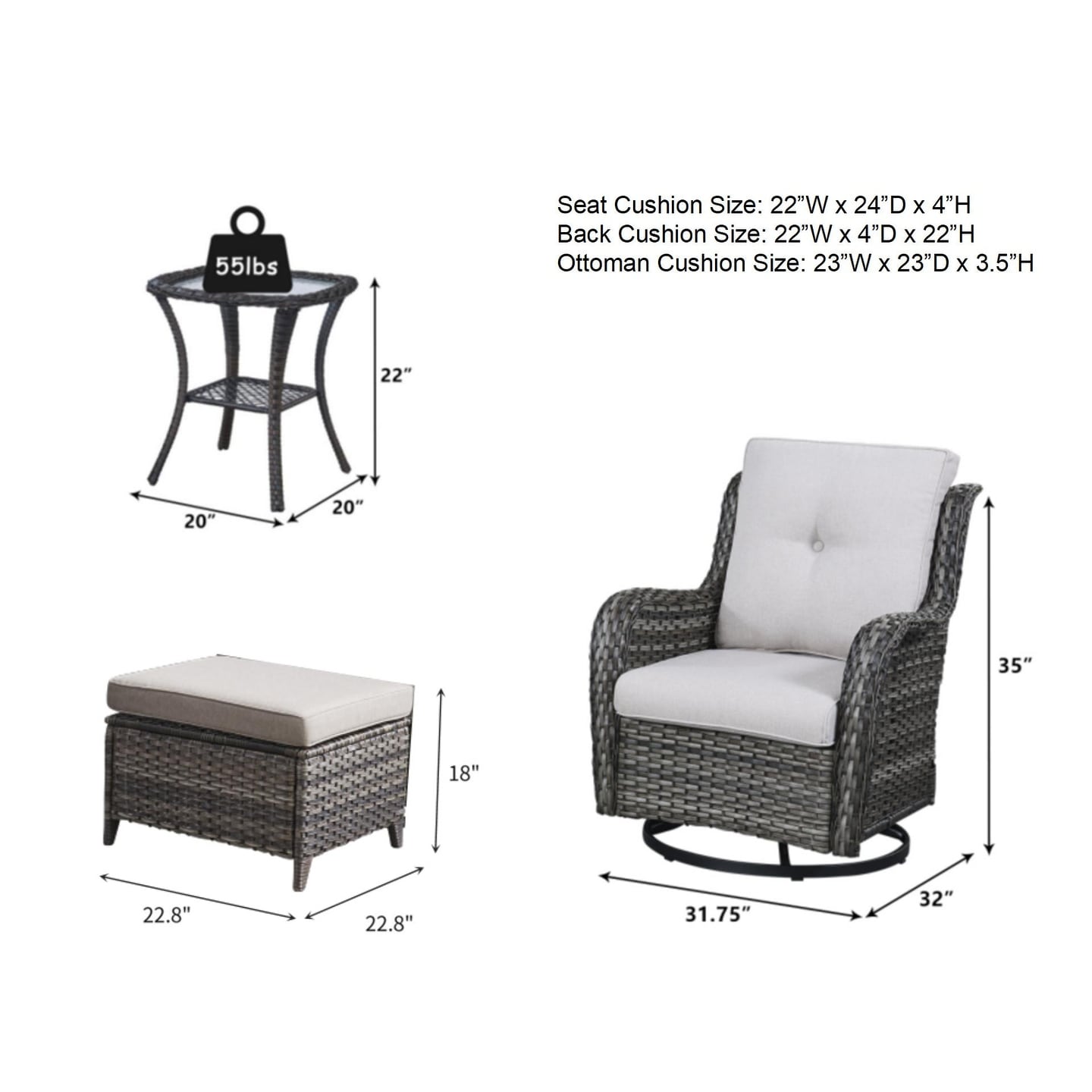 Set di mobili da esterno Pocassy da 5 pezzi, sedie girevoli con pouf