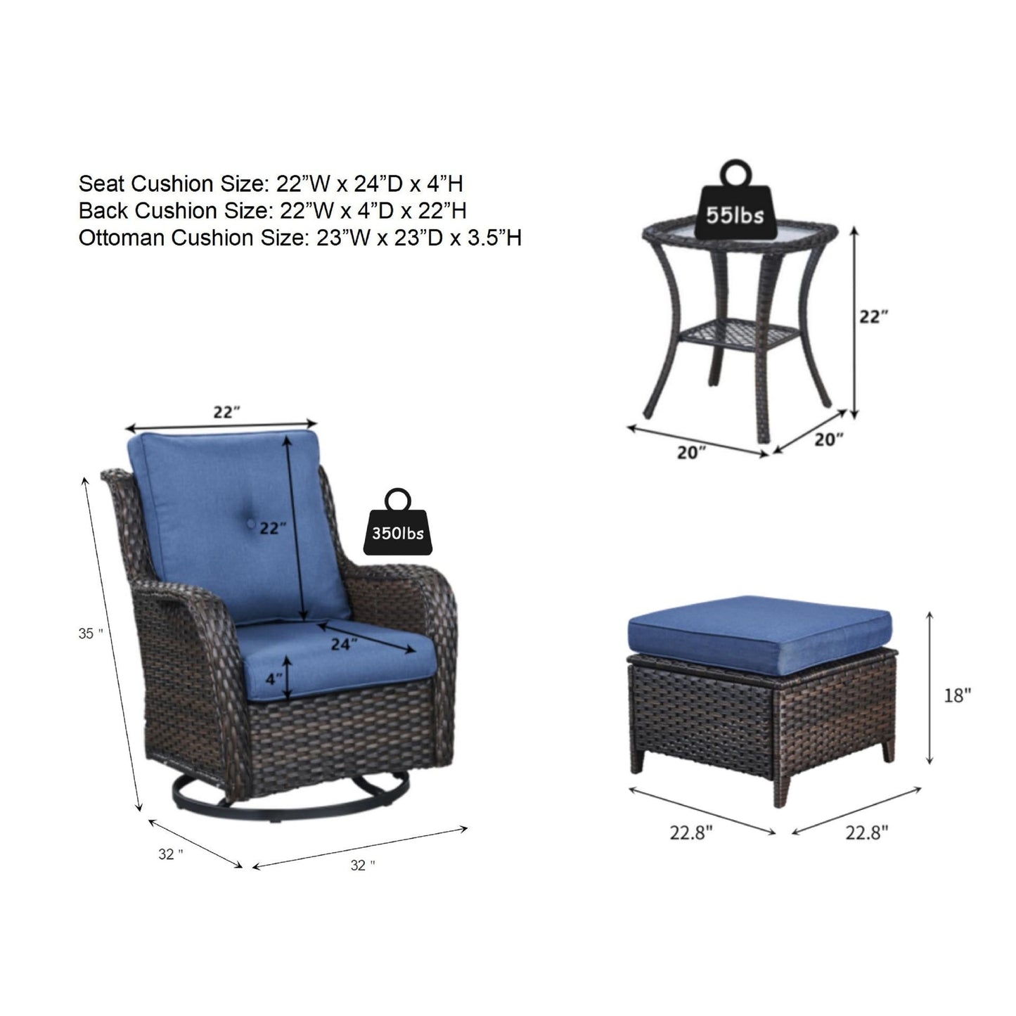 Set di mobili da esterno Pocassy da 5 pezzi, sedie girevoli con pouf