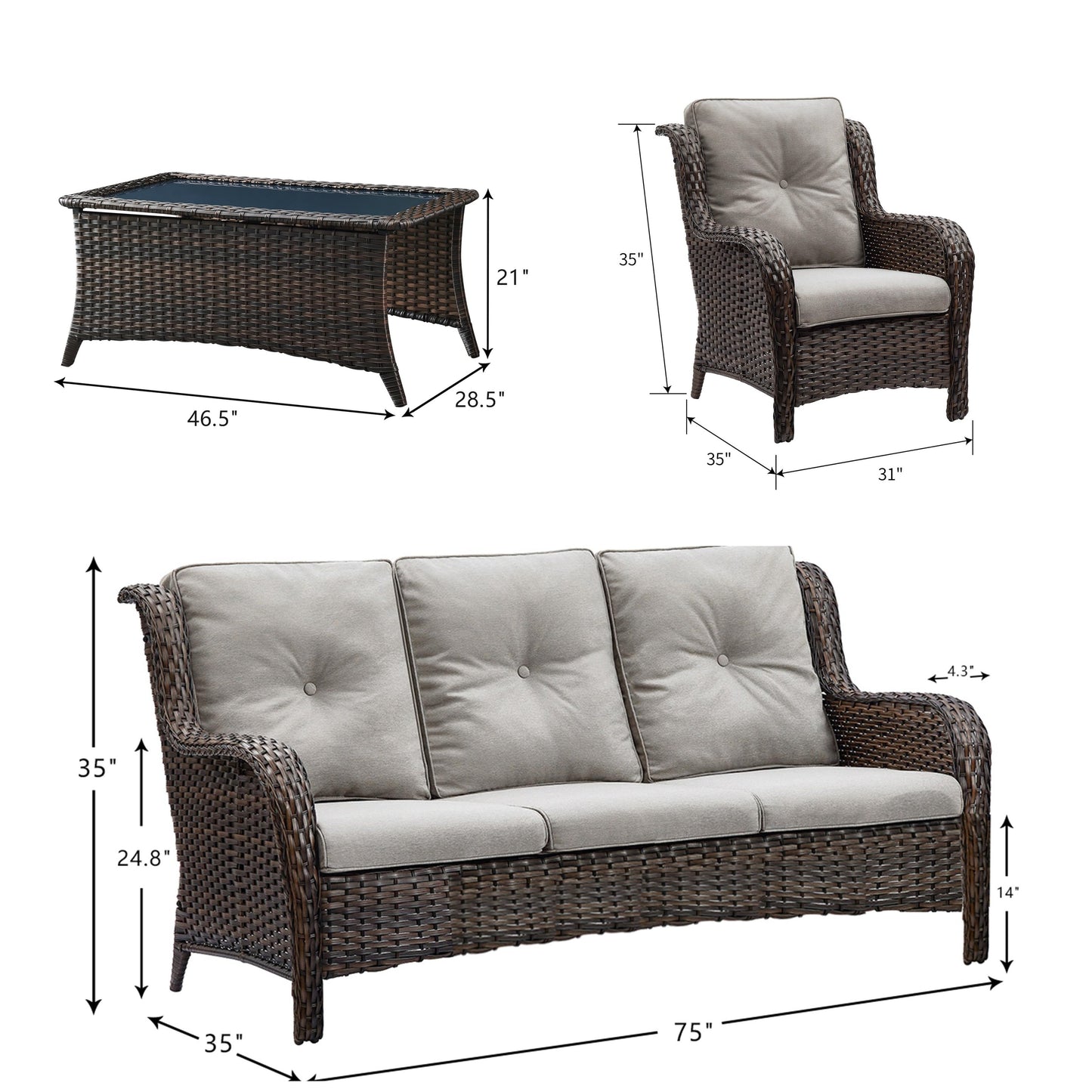 Divano da esterno Pocassy, ​​4 pezzi, sedia da giardino con tavolino