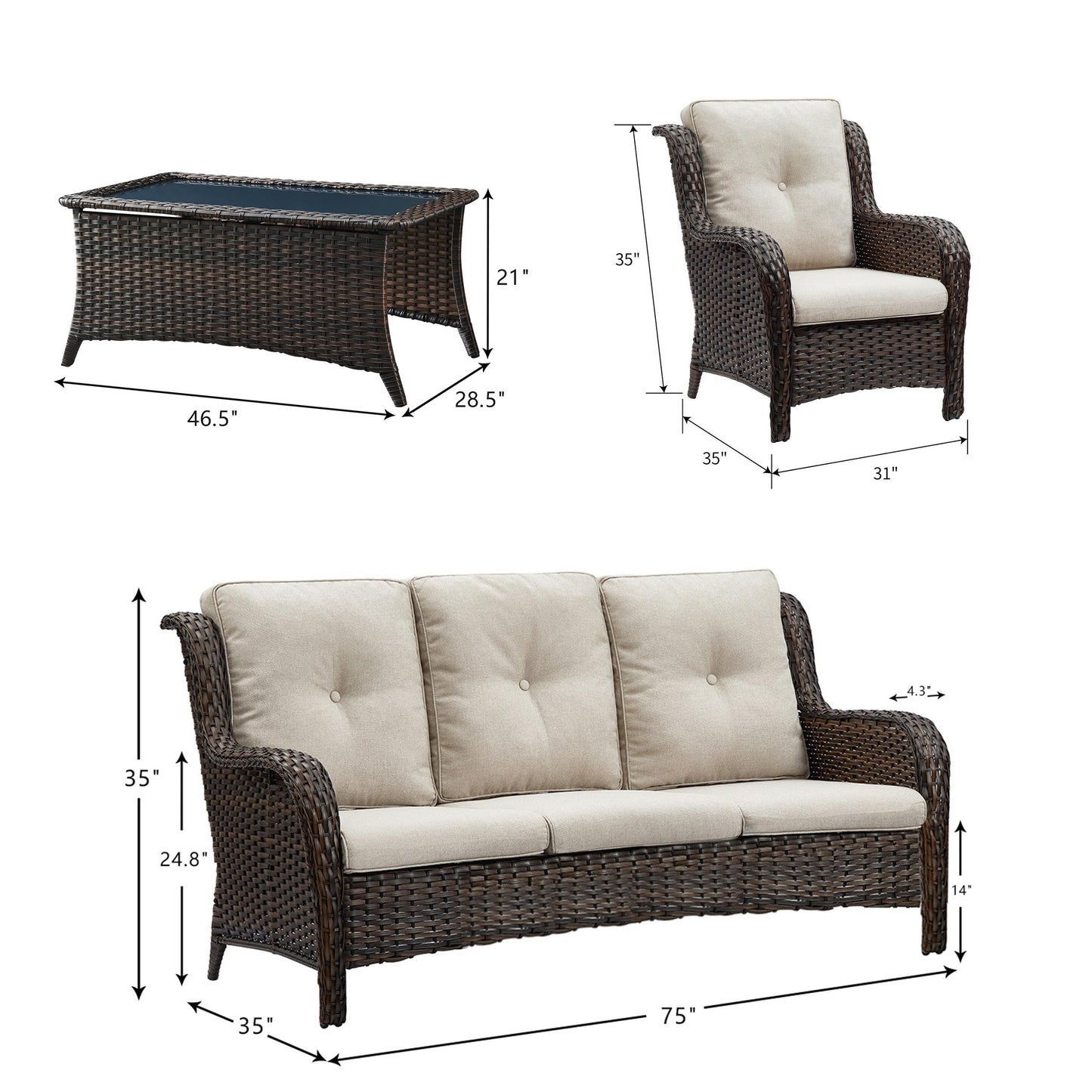 Divano da esterno Pocassy, ​​4 pezzi, sedia da giardino con tavolino