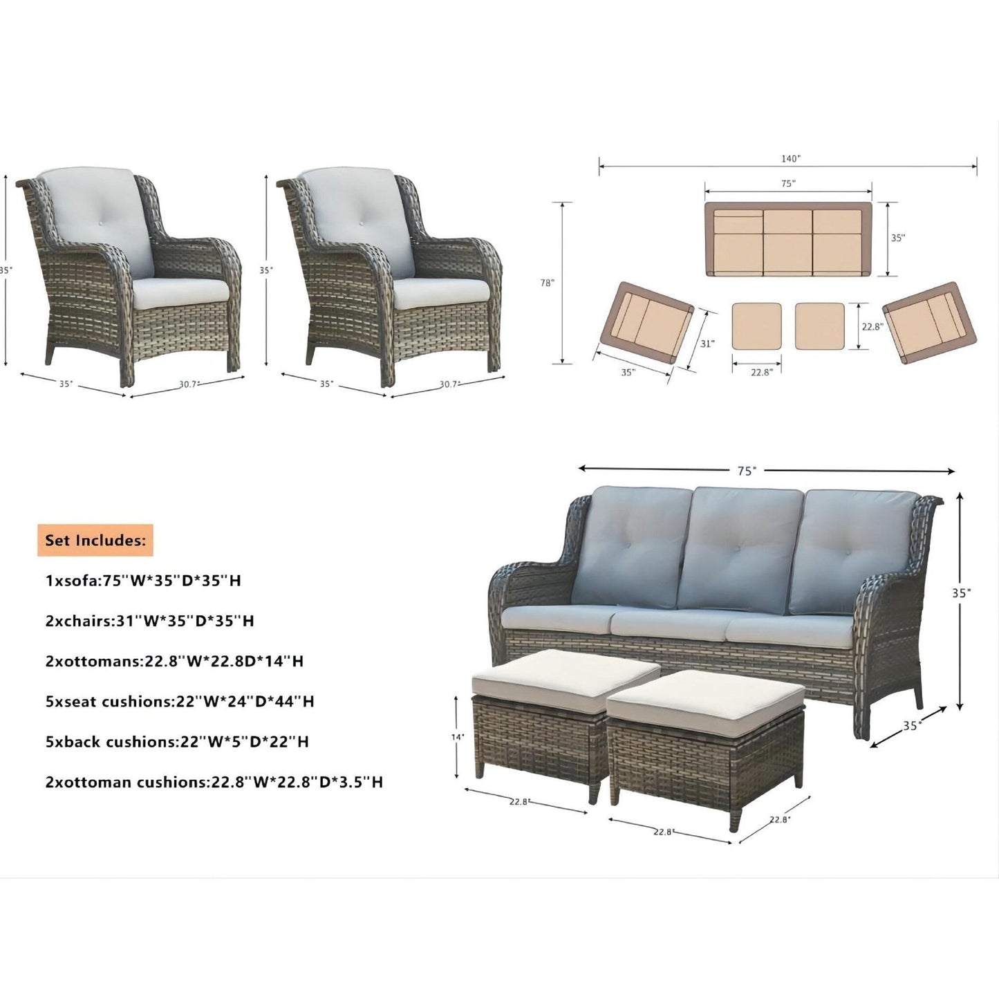 Set di mobili da giardino Pocassy da 5 pezzi con pouf