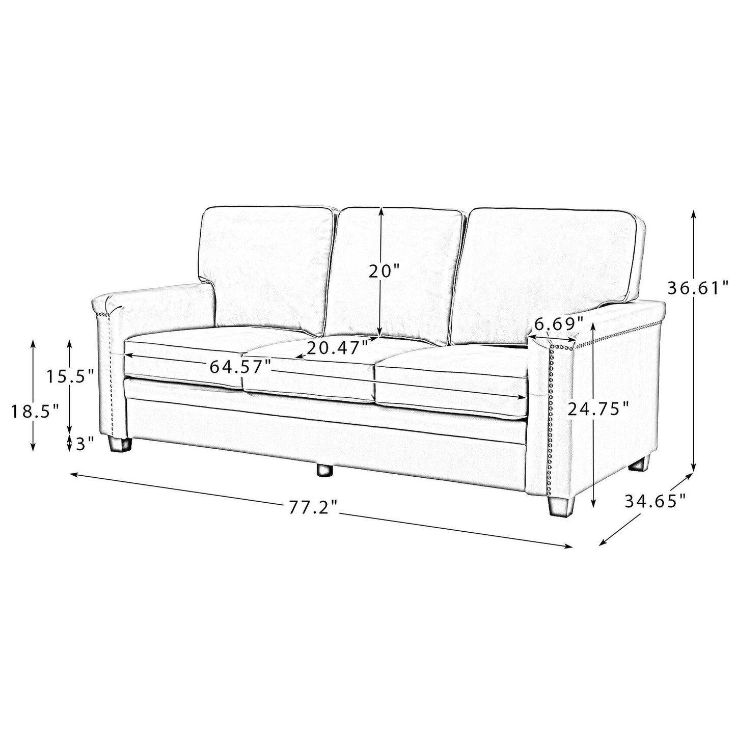 Divano Rita Living Room a 3 posti in vera pelle con gambe in legno massello e borchie