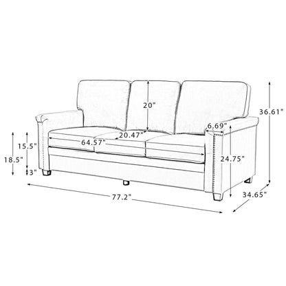 Divano Rita Living Room a 3 posti in vera pelle con gambe in legno massello e borchie