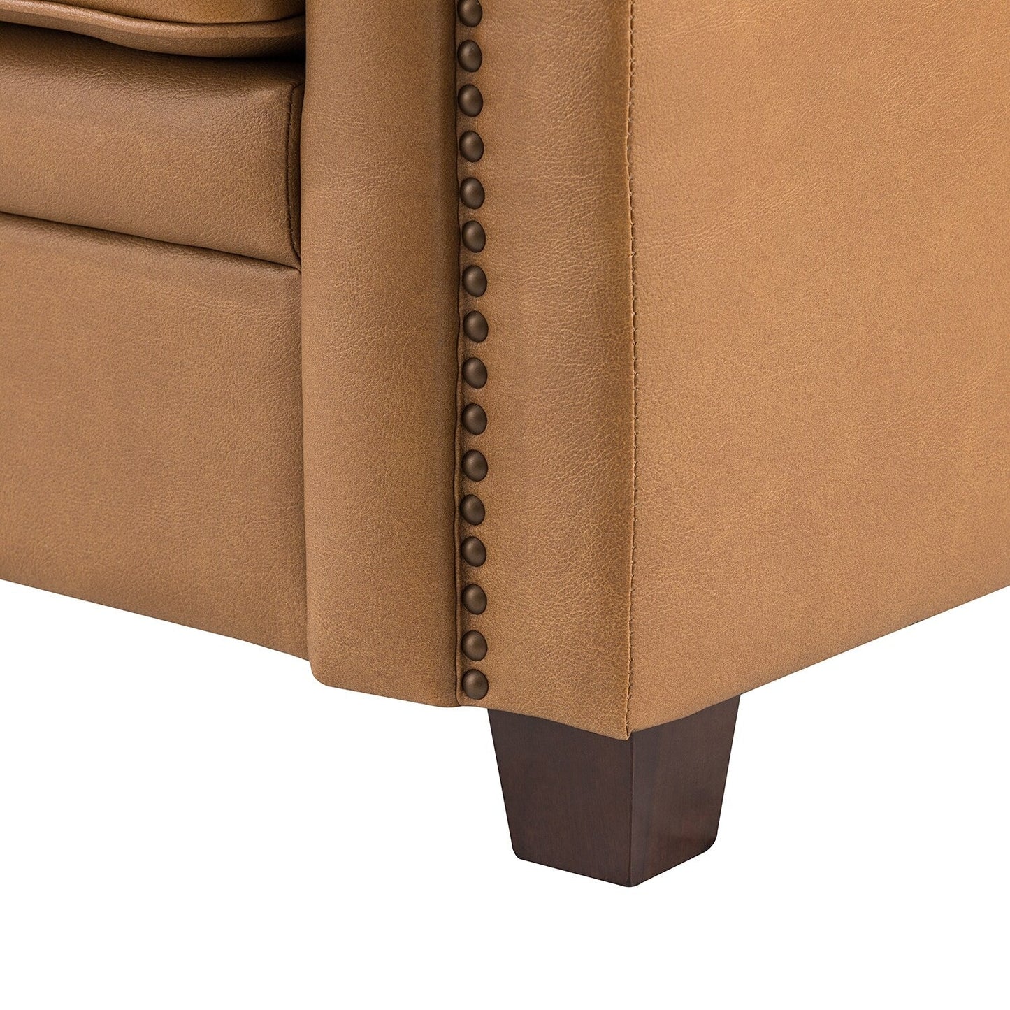 Divano Rita Living Room a 3 posti in vera pelle con gambe in legno massello e borchie