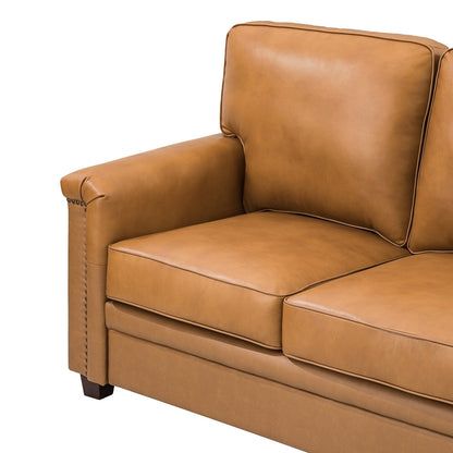 Divano Rita Living Room a 3 posti in vera pelle con gambe in legno massello e borchie