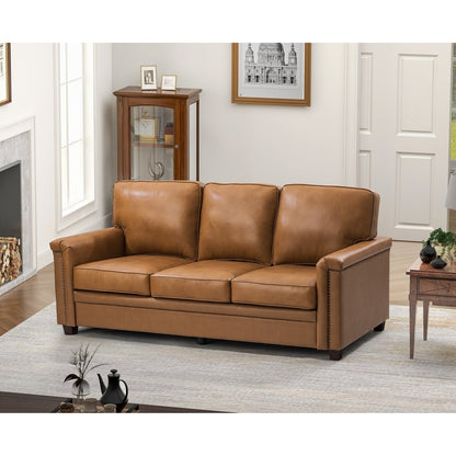 Divano Rita Living Room a 3 posti in vera pelle con gambe in legno massello e borchie