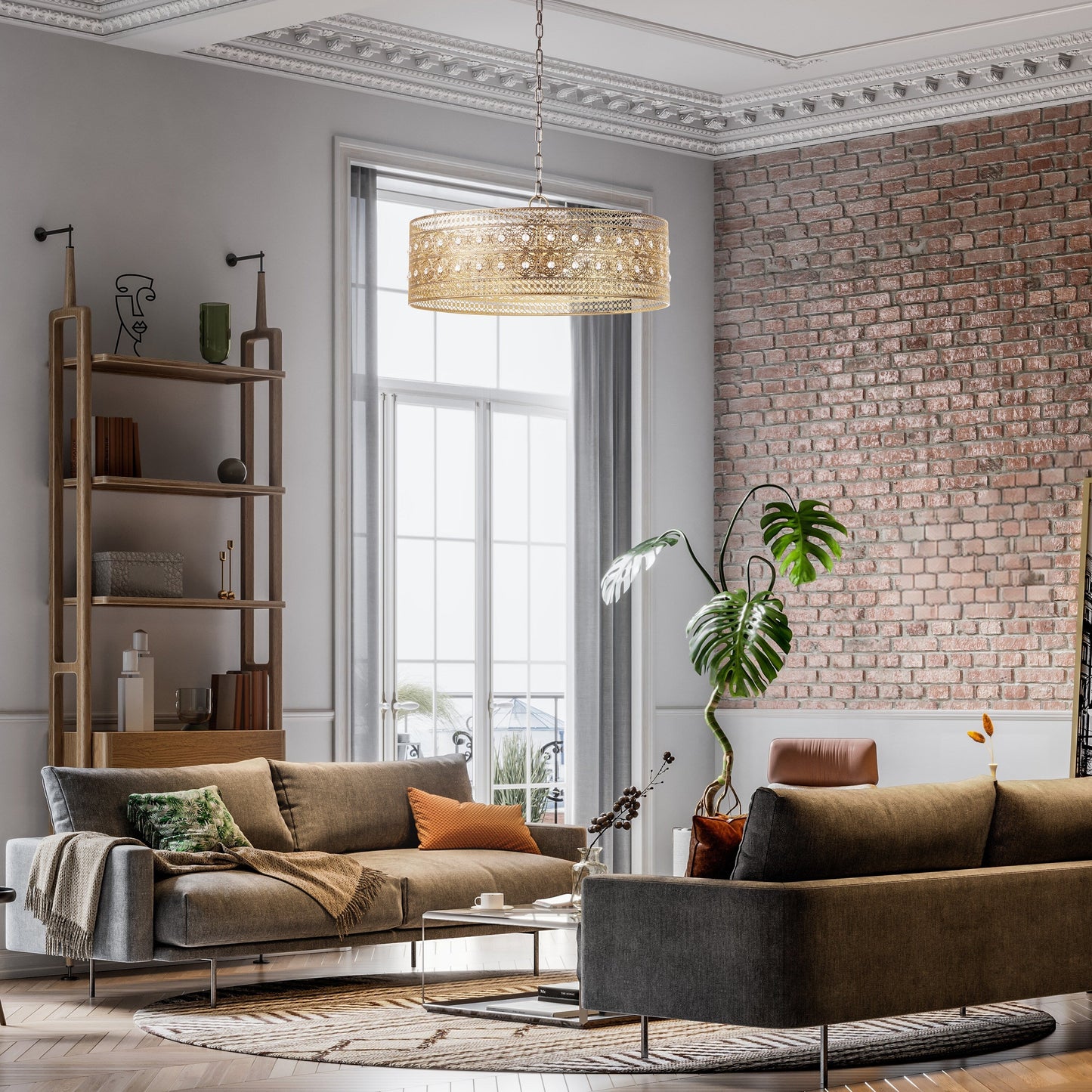 Lampadario River of Goods Bryar in ottone e cristallo da 23,5 W a 3 luci - 23,5 x 23,5 x 61,5