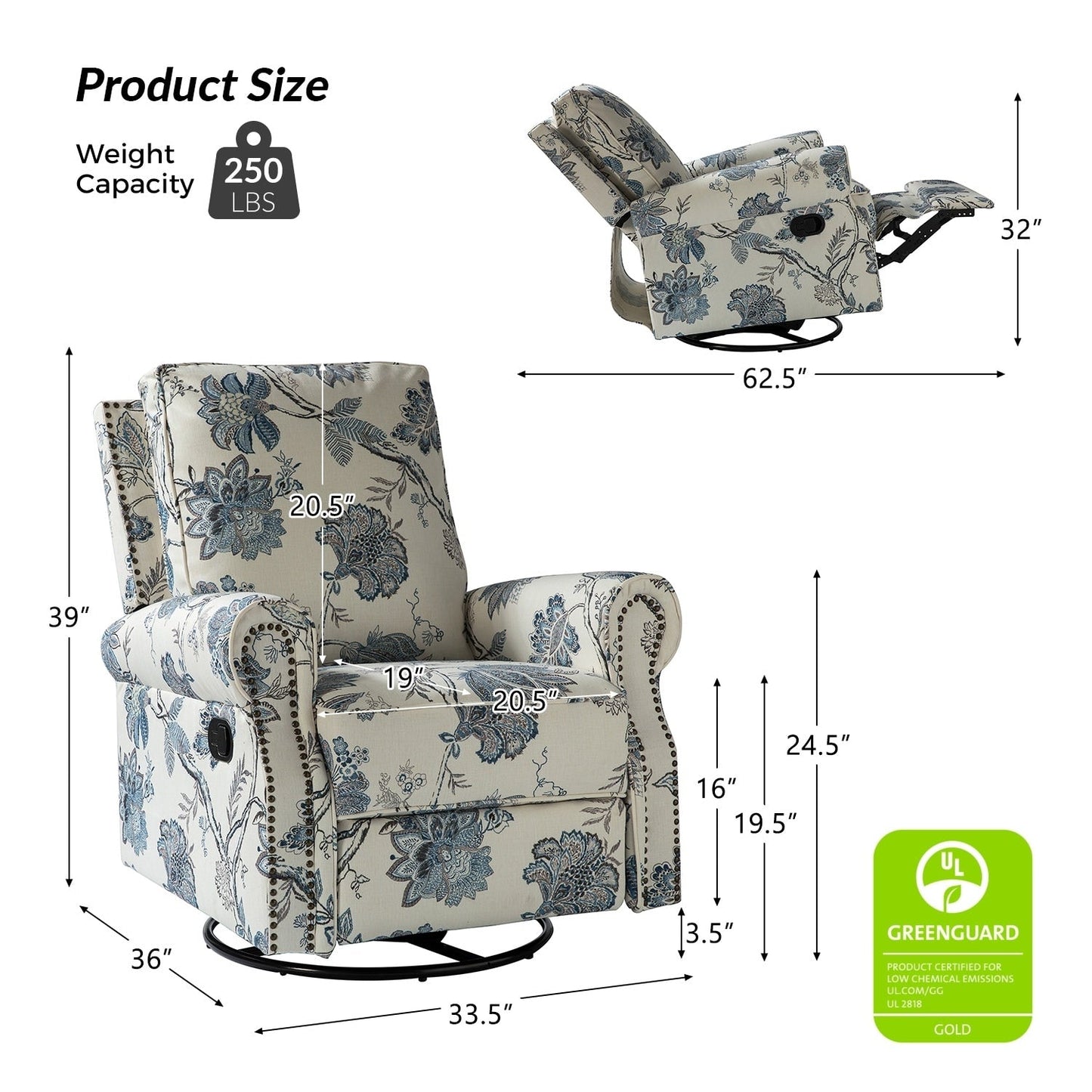 Poltrona reclinabile girevole con stampa floreale Roderich Farmhouse e braccioli arrotolati di HULALA HOME