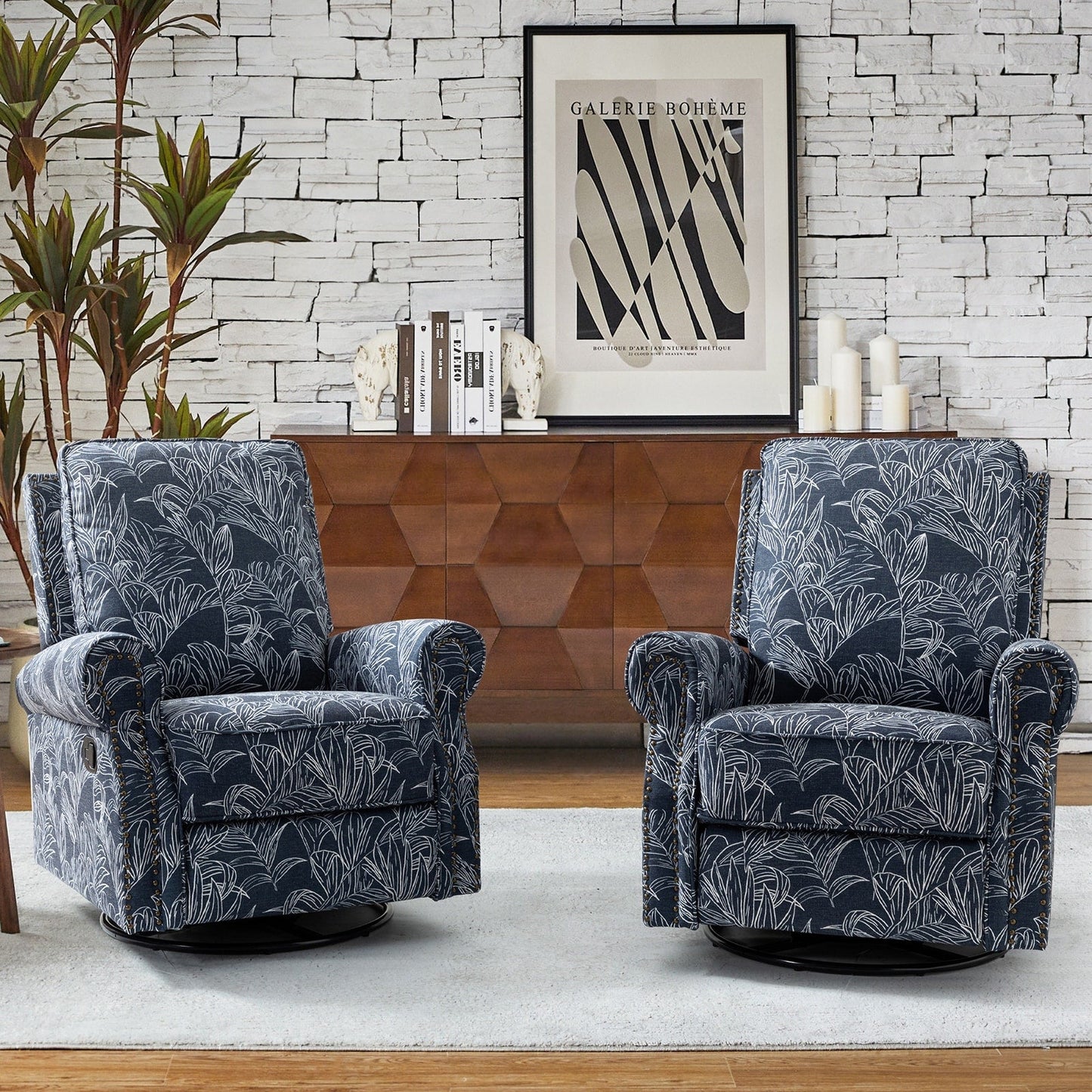 Poltrona reclinabile girevole con stampa floreale Roderich Farmhouse e braccioli arrotondati, set da 2 di HULALA HOME