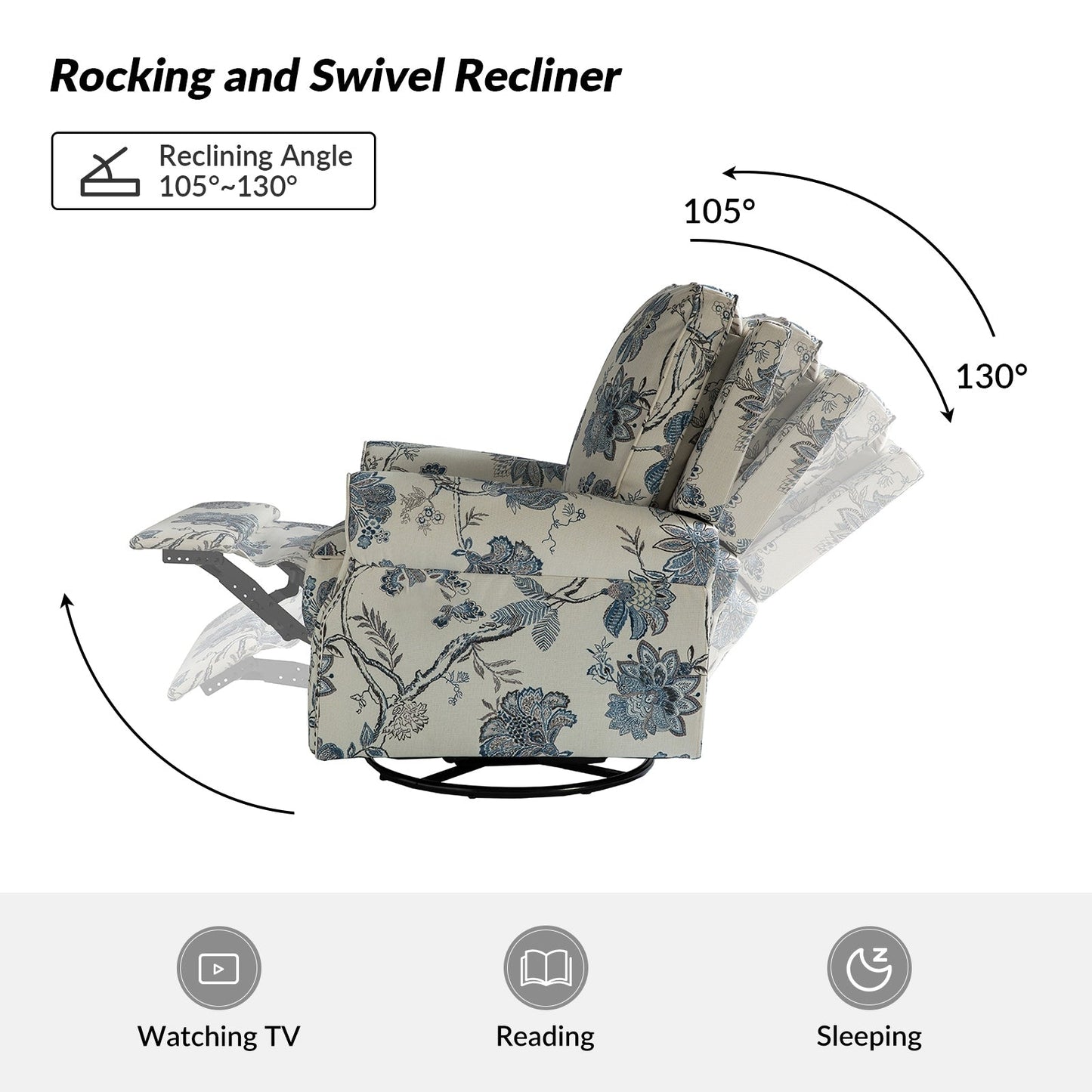 Poltrona reclinabile girevole con stampa floreale Roderich Farmhouse e braccioli arrotondati, set da 2 di HULALA HOME