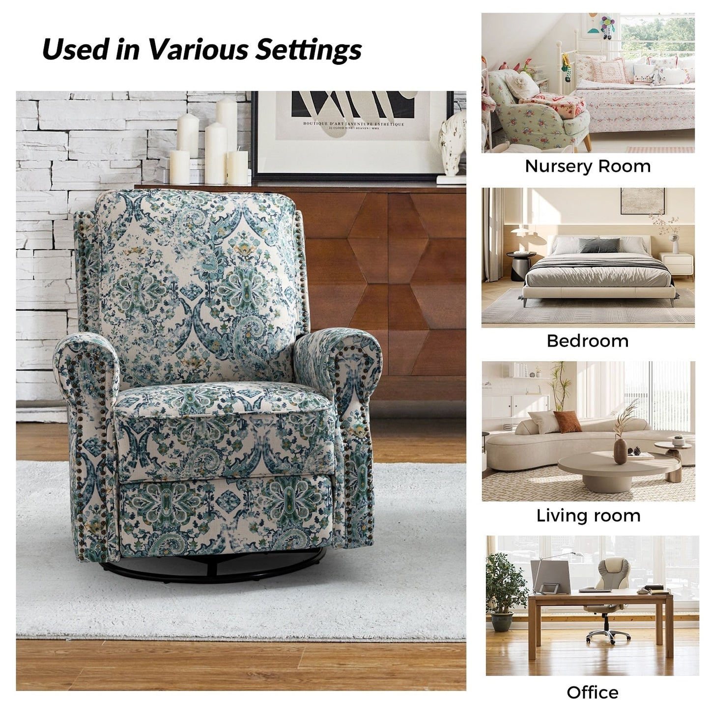 Poltrona reclinabile girevole con stampa floreale Roderich Farmhouse e braccioli arrotondati, set da 2 di HULALA HOME