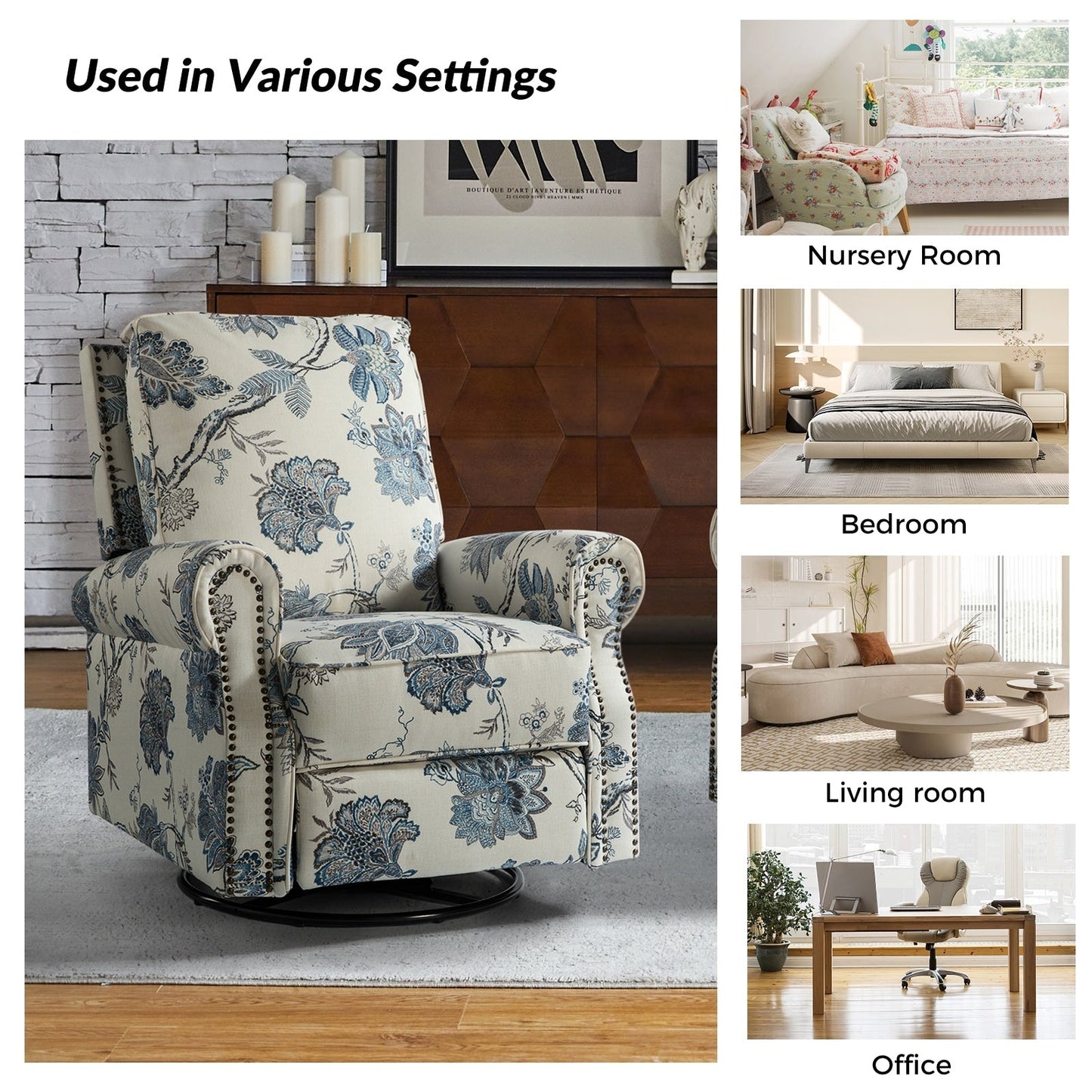 Poltrona reclinabile girevole con stampa floreale Roderich Farmhouse e braccioli arrotondati, set da 2 di HULALA HOME