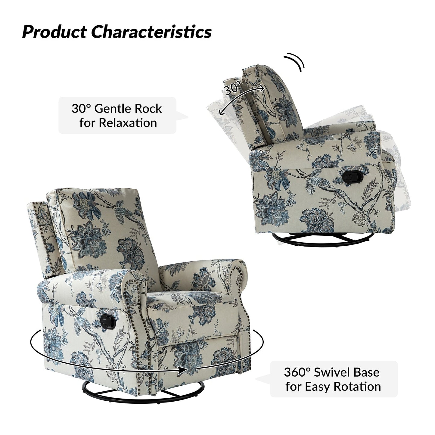 Poltrona reclinabile girevole con stampa floreale Roderich Farmhouse e braccioli arrotondati, set da 2 di HULALA HOME