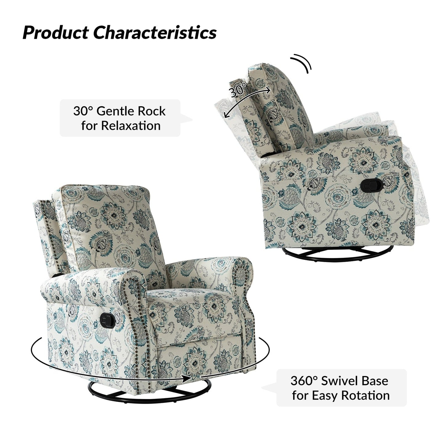 Poltrona reclinabile girevole con stampa floreale Roderich Farmhouse e braccioli arrotondati, set da 2 di HULALA HOME