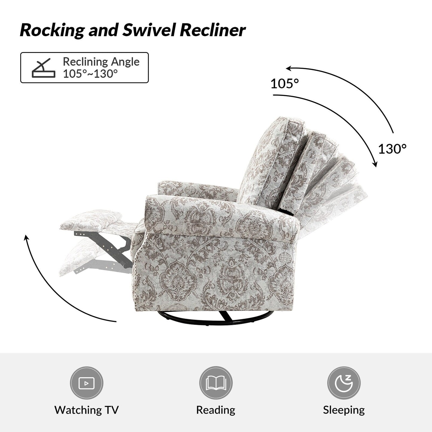 Poltrona reclinabile girevole con stampa floreale Roderich Farmhouse e braccioli arrotolati di HULALA HOME