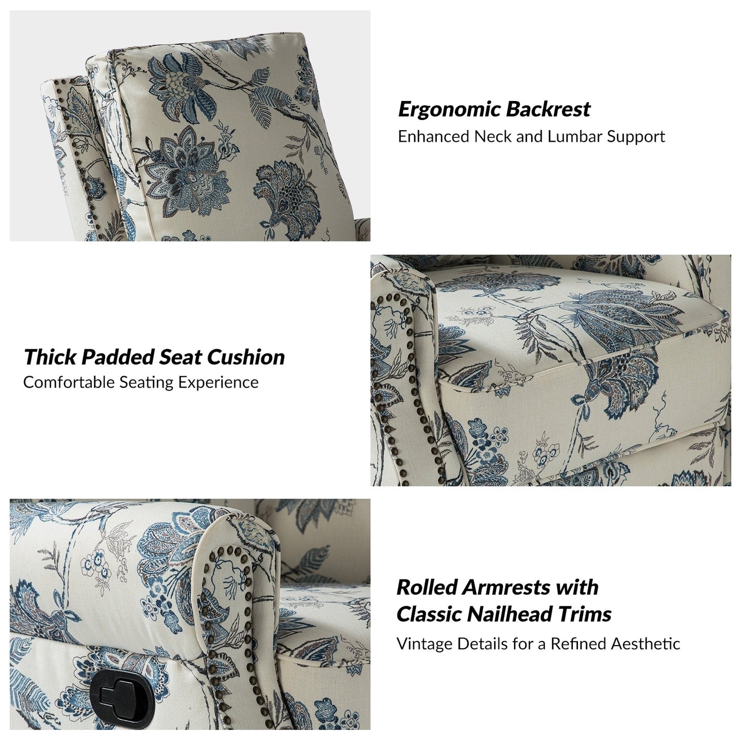 Poltrona reclinabile girevole con stampa floreale Roderich Farmhouse e braccioli arrotolati di HULALA HOME