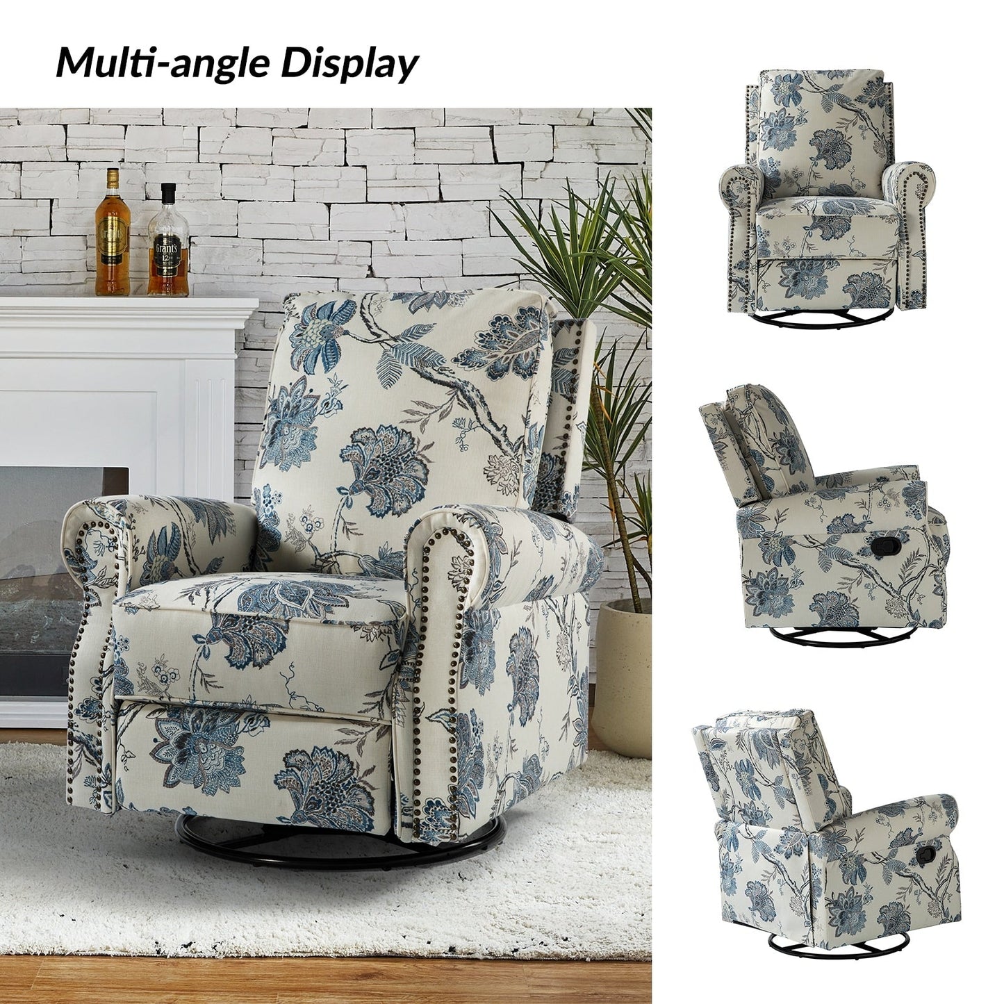 Poltrona reclinabile girevole con stampa floreale Roderich Farmhouse e braccioli arrotolati di HULALA HOME