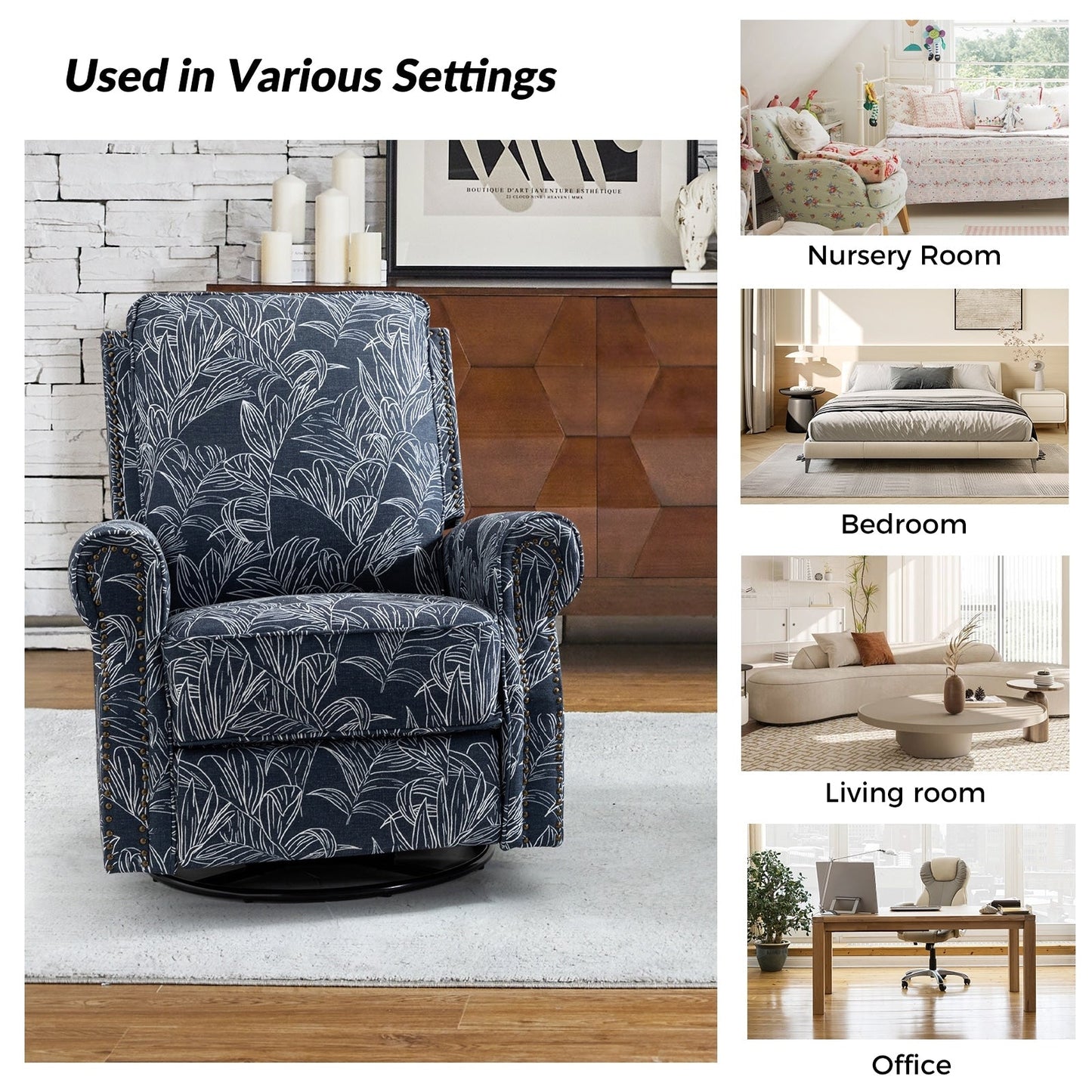 Poltrona reclinabile girevole con stampa floreale Roderich Farmhouse e braccioli arrotolati di HULALA HOME