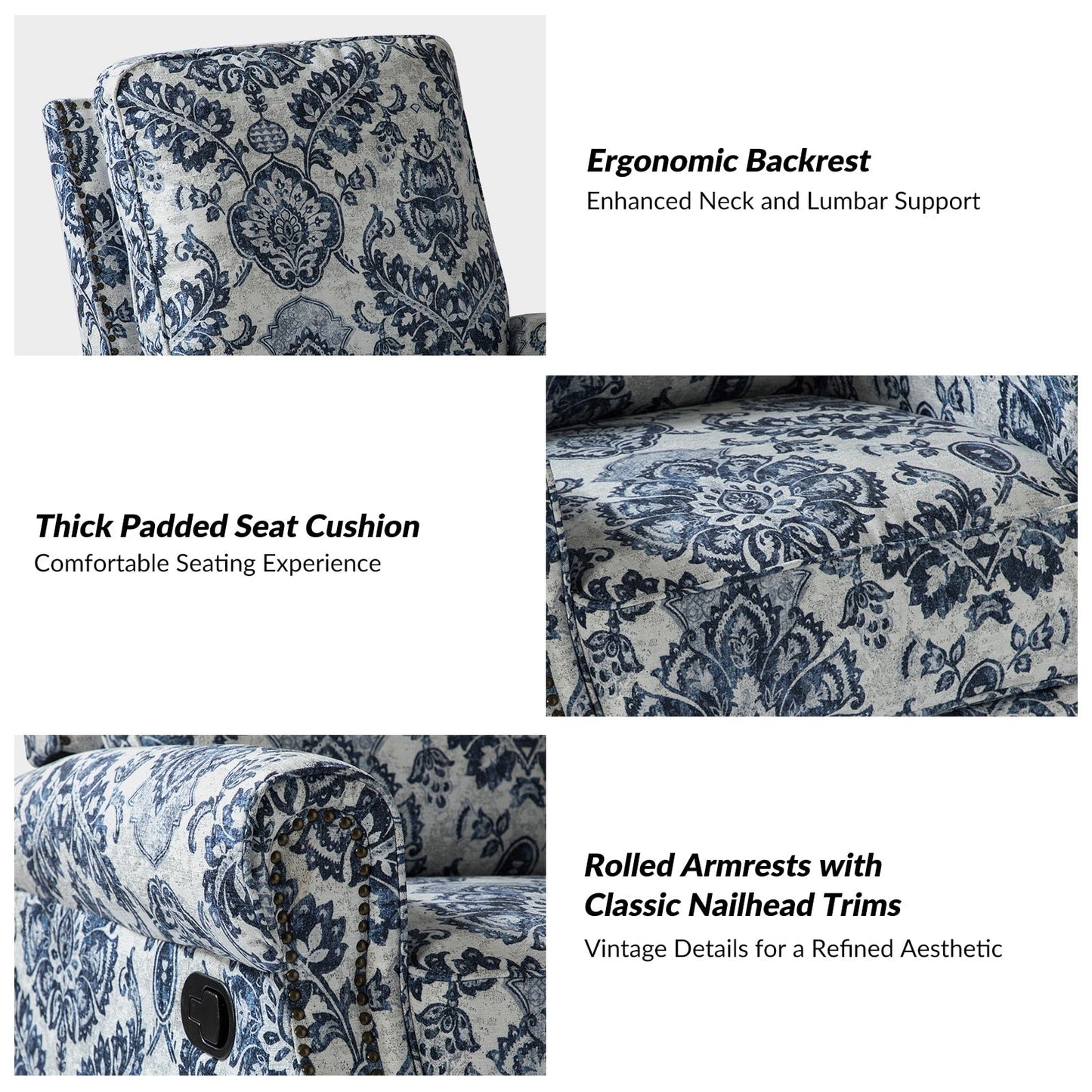 Poltrona reclinabile girevole con stampa floreale Roderich Farmhouse e braccioli arrotolati di HULALA HOME