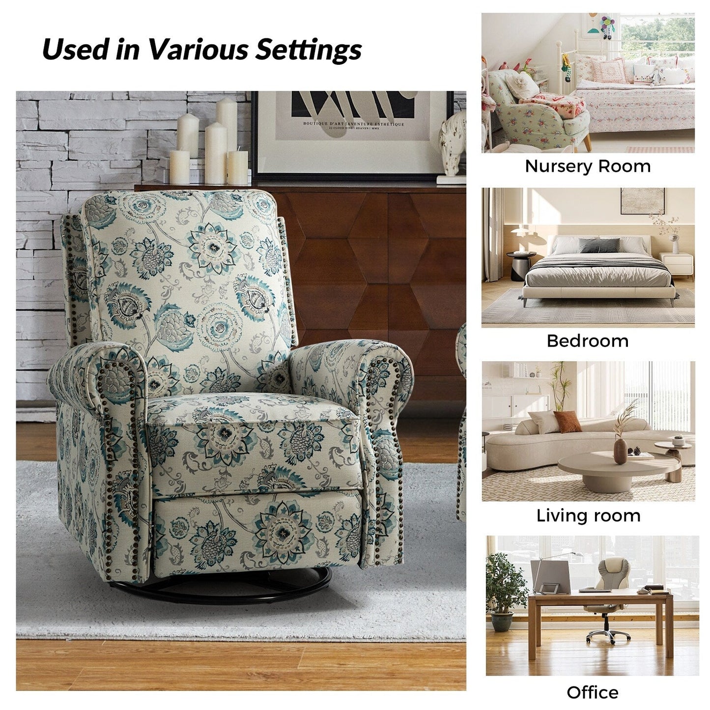 Poltrona reclinabile girevole con stampa floreale Roderich Farmhouse e braccioli arrotolati di HULALA HOME