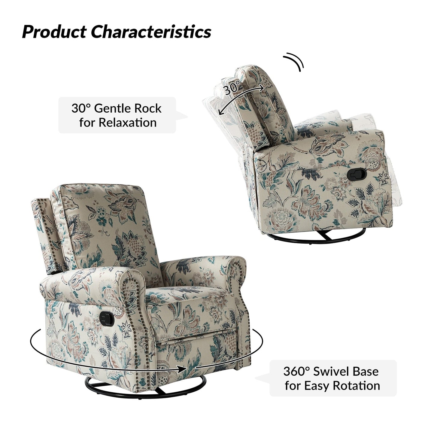 Poltrona reclinabile girevole con stampa floreale Roderich Farmhouse e braccioli arrotolati di HULALA HOME