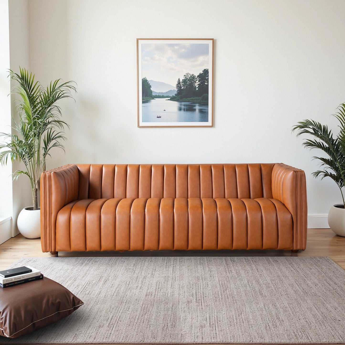 Divano Rolls Mid Century in pelle vegana color cognac