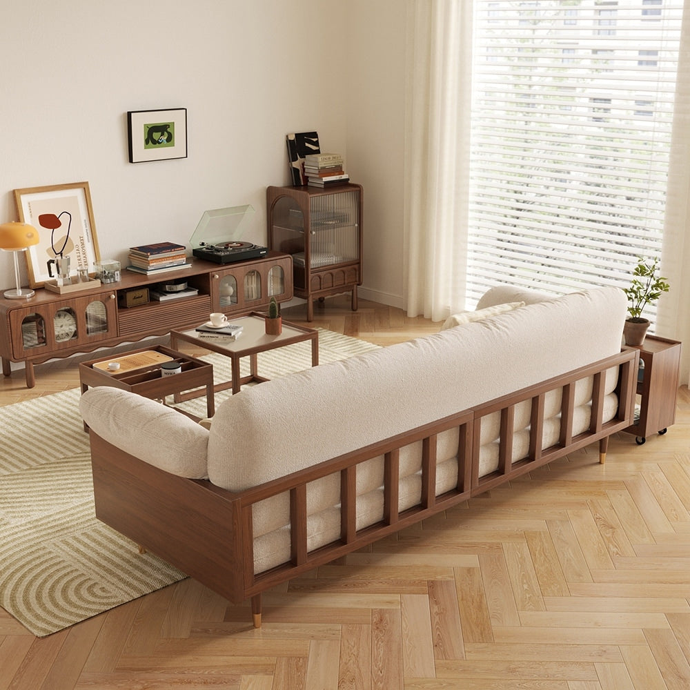 Divano rettangolare a tre posti in tessuto di lino con braccioli svasati Romision, colore beige