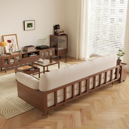 Divano rettangolare a tre posti in tessuto di lino con braccioli svasati Romision, colore beige