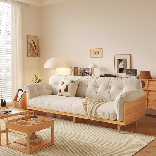 Divano rettangolare a tre posti in tessuto di lino con braccioli svasati Romision, colore beige