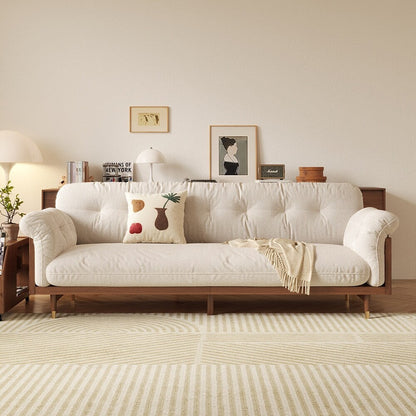 Divano rettangolare a tre posti in tessuto di lino con braccioli svasati Romision, colore beige