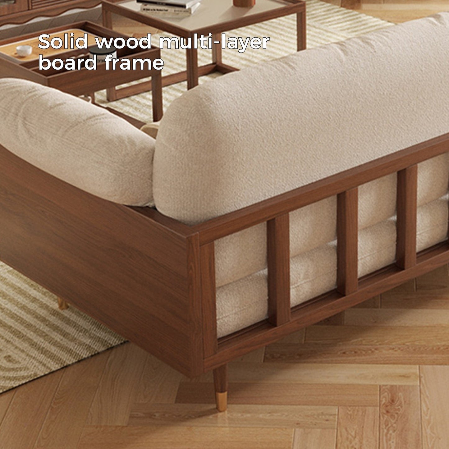 Divano rettangolare a tre posti in tessuto di lino con braccioli svasati Romision, colore beige