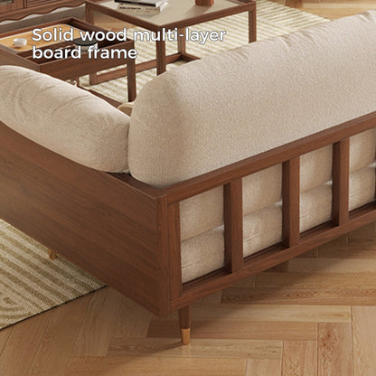 Divano rettangolare a tre posti in tessuto di lino con braccioli svasati Romision, colore beige