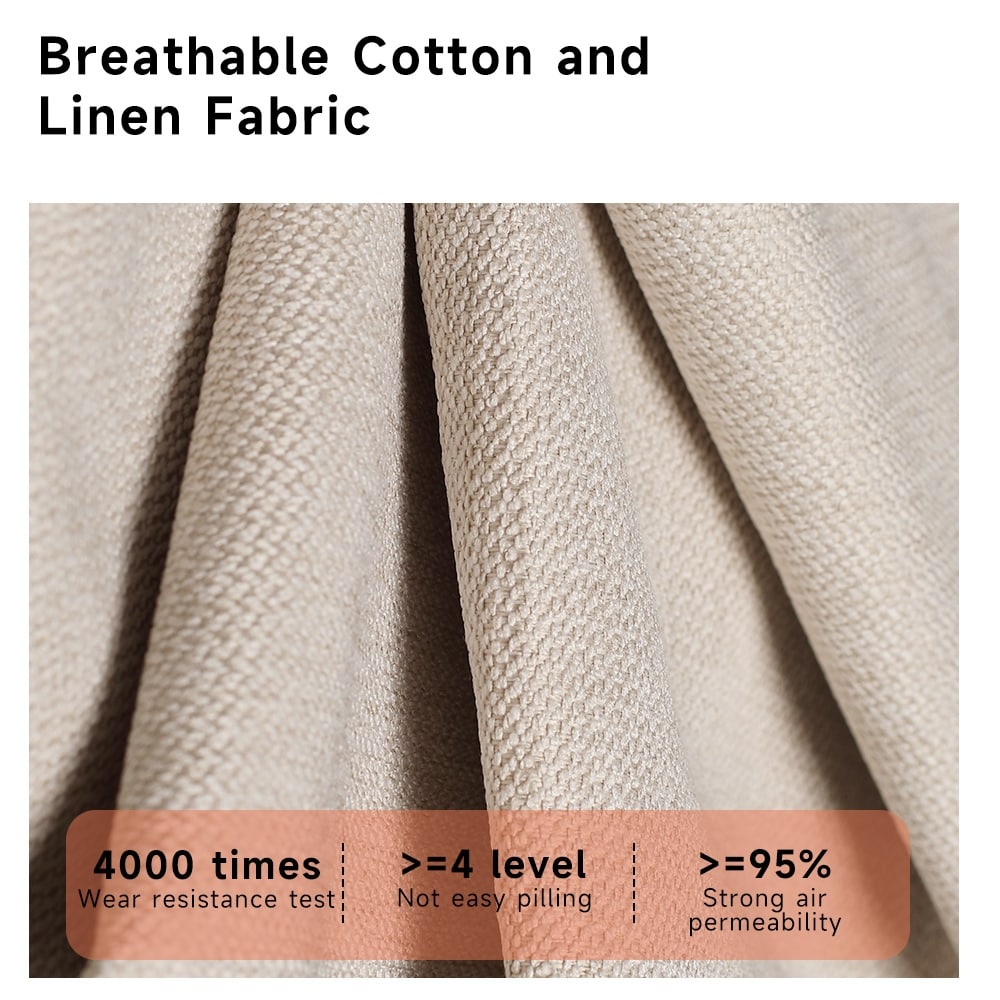 Divano rettangolare a tre posti in tessuto di lino con braccioli svasati Romision, colore beige