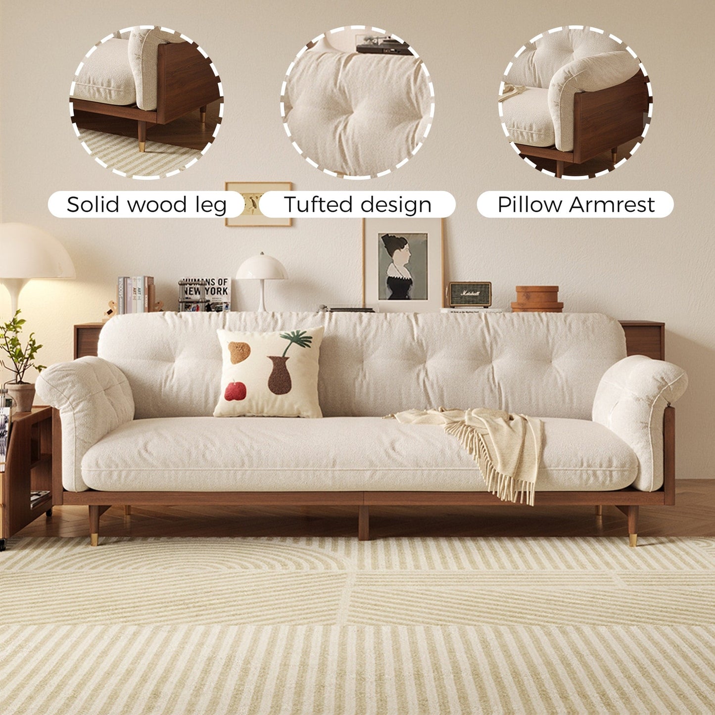 Divano rettangolare a tre posti in tessuto di lino con braccioli svasati Romision, colore beige