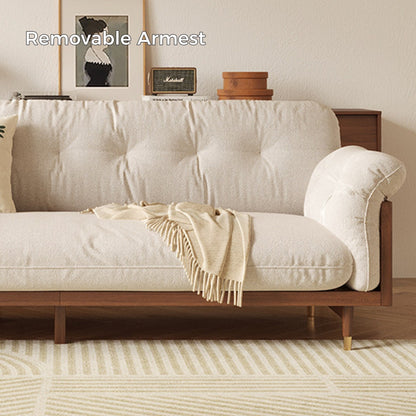 Divano rettangolare a tre posti in tessuto di lino con braccioli svasati Romision, colore beige